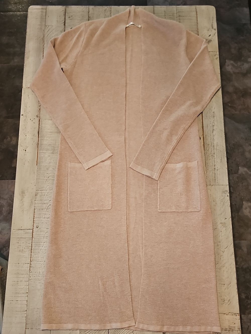 Cyrus Long Open-Front Knit Duster Cardigan in Light Tan